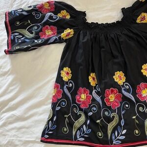 Feratelli Womens Embroidered Black Blouse Sz L Romantic Boho Hippie Chic